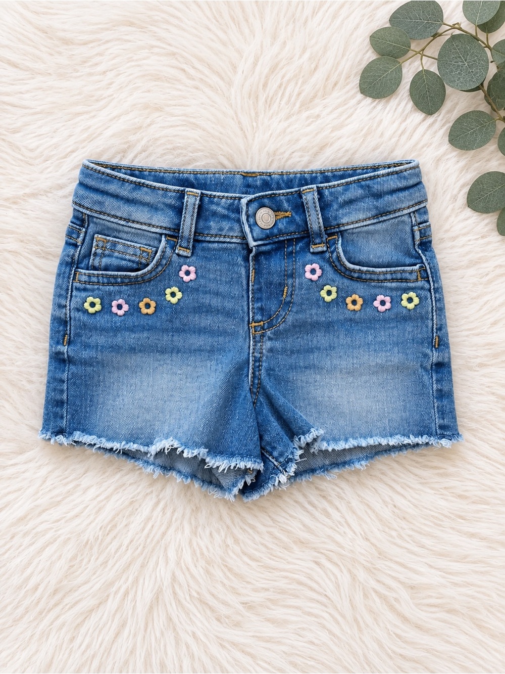 Jumping Beans Denim Floral Embroidered Girls' Shorts - Blue